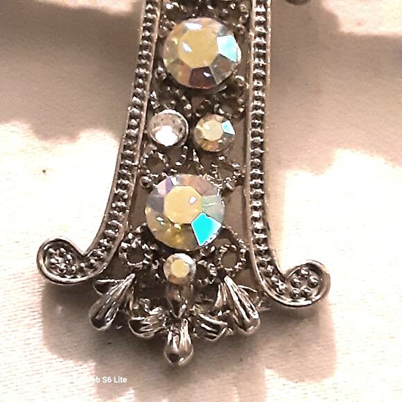 Ornate Silver Tone Cross Pendant Aurora Borealis Rhinestones - Picture 8 of 11